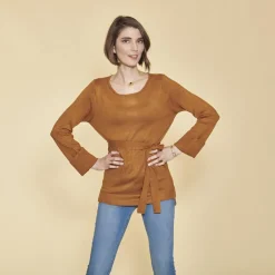 Pull asymétrique col bateau manches longues et ceinture femme - Marron en viscose