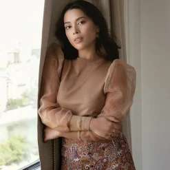 Pull avec manches transparentes Albane en viscose beige