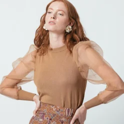 Pull avec manches transparentes Albane en viscose beige