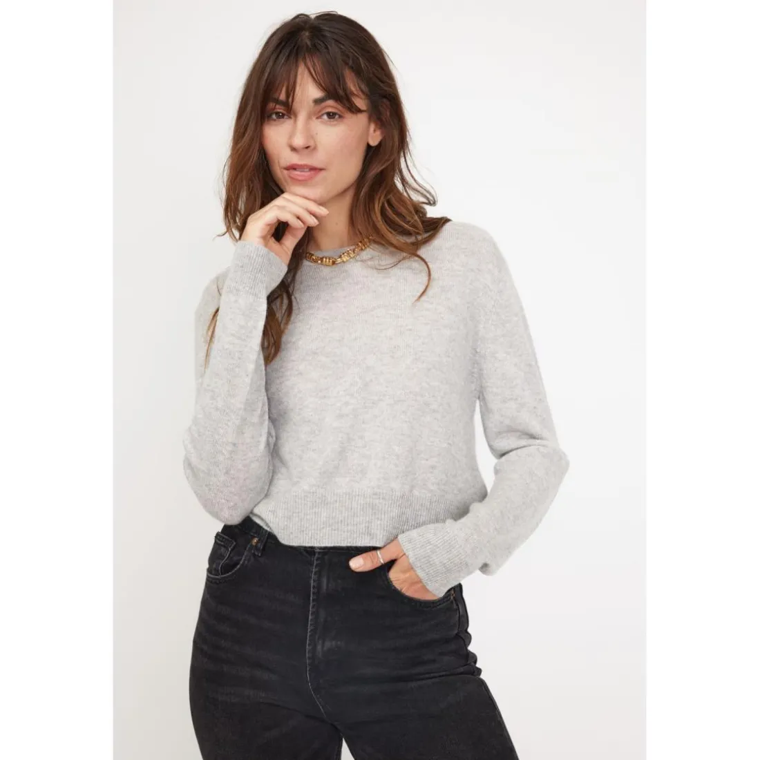 Pull boxy col rond femme ZIA en cachemire gris perle