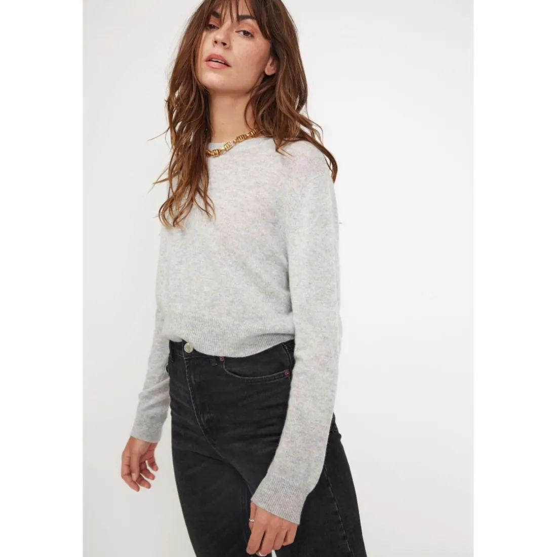 Pull boxy col rond femme ZIA en cachemire gris perle