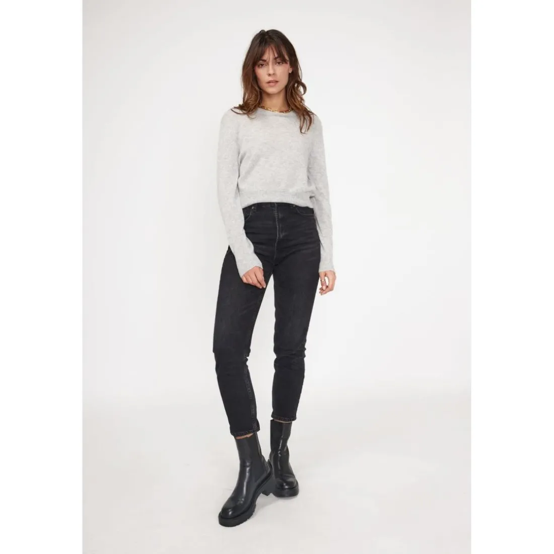 Pull boxy col rond femme ZIA en cachemire gris perle