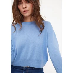 Pull boxy col rond femme ZIA en cachemire bleu ciel