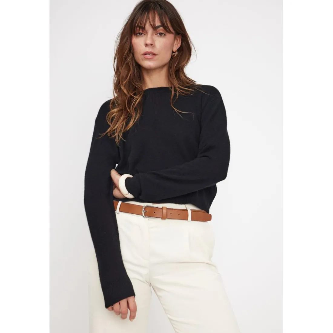 Pull boxy col rond femme ZIA en cachemire noir