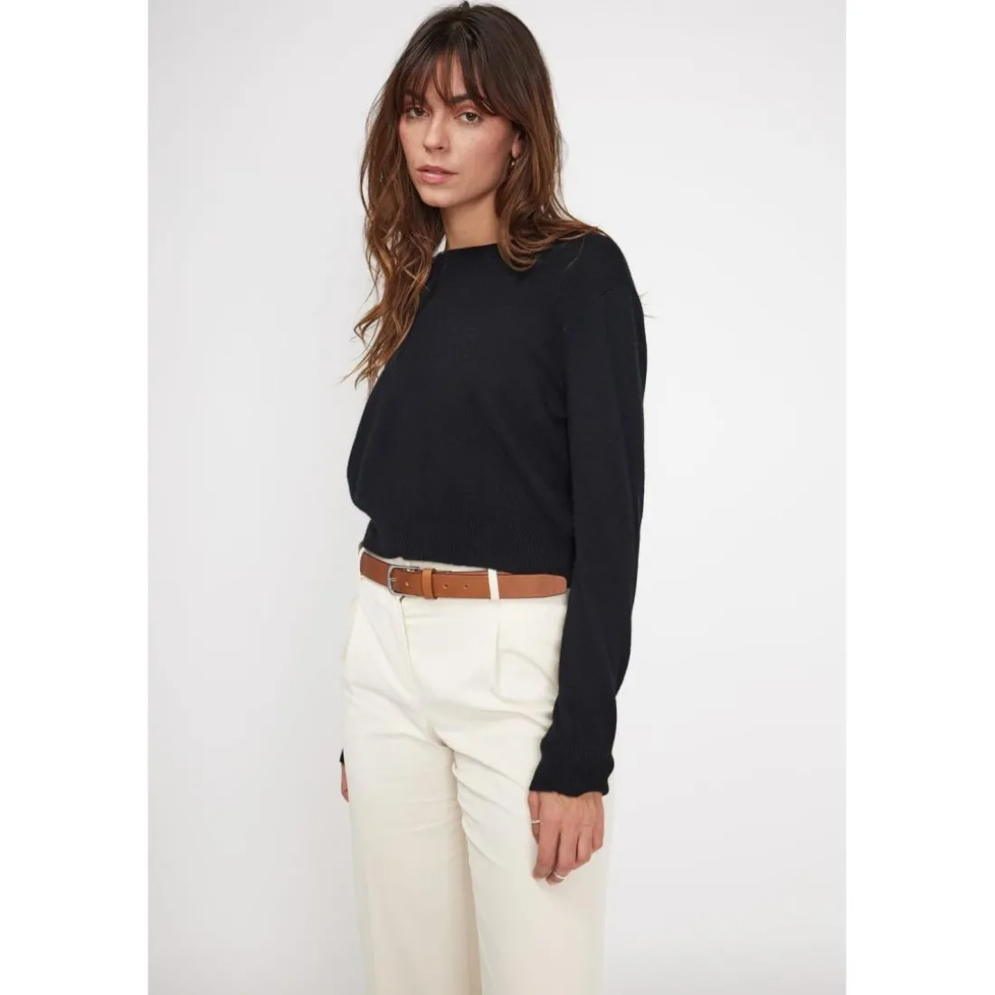 Pull boxy col rond femme ZIA en cachemire noir