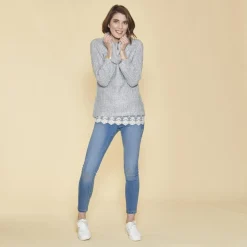 Pull col à revers manches longues dentelle sur bas femme - Bleu Ciel