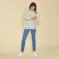 Pull col à revers manches longues dentelle sur bas femme - Ivoire blanc
