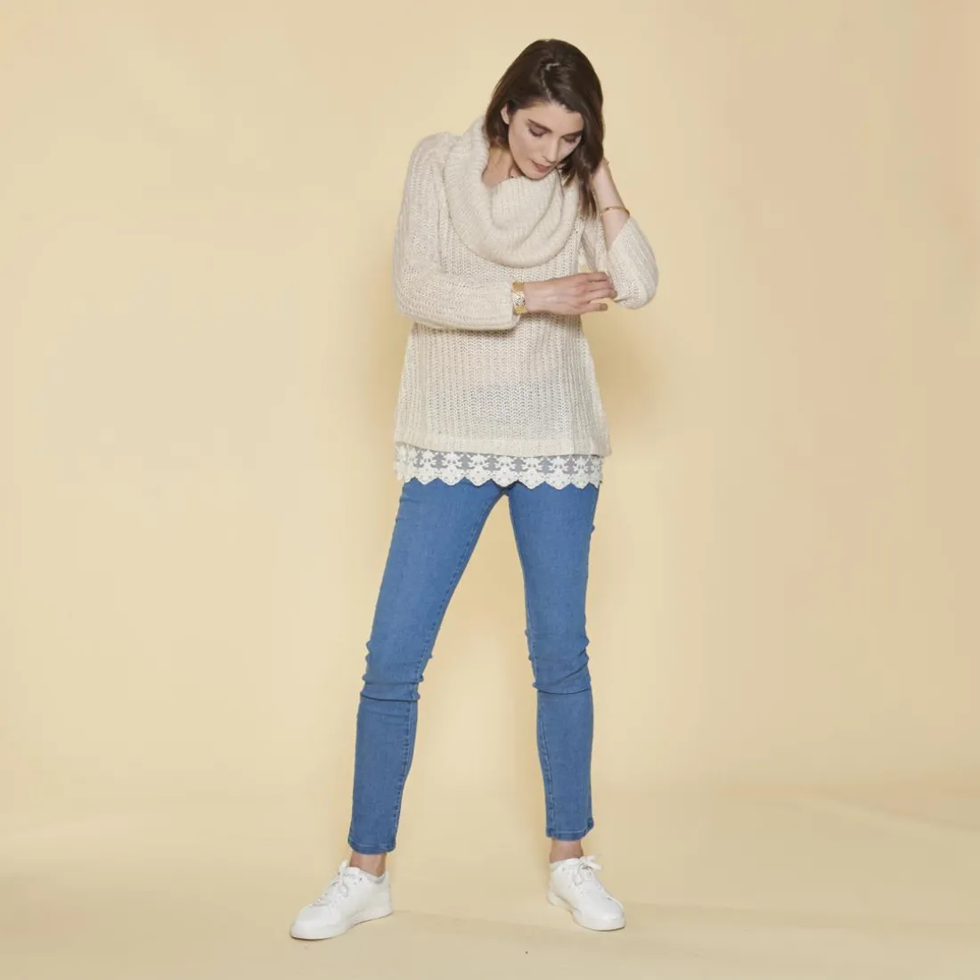 Pull col à revers manches longues dentelle sur bas femme - Ivoire blanc