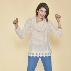 Pull col à revers manches longues dentelle sur bas femme - Ivoire blanc