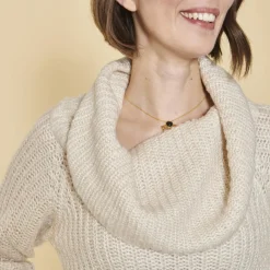 Pull col à revers manches longues dentelle sur bas femme - Ivoire blanc