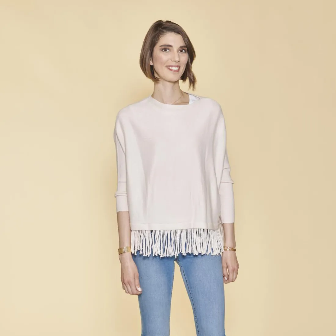 Pull col bateau manches longues franges sur bas femme - Peau beige