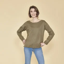 Pull col bateau manches longues cordon de serrage sur bas femme - Kaki