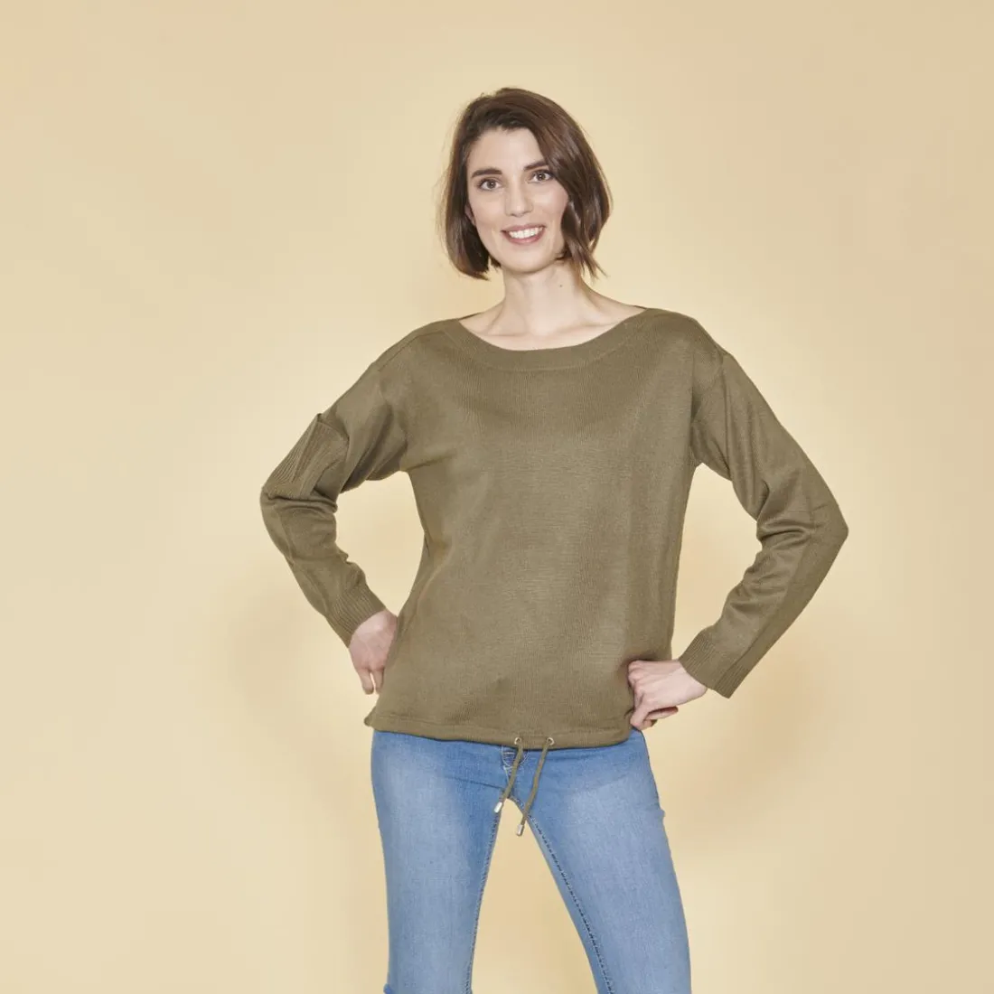 Pull col bateau manches longues cordon de serrage sur bas femme - Kaki