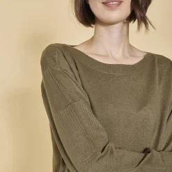 Pull col bateau manches longues cordon de serrage sur bas femme - Kaki