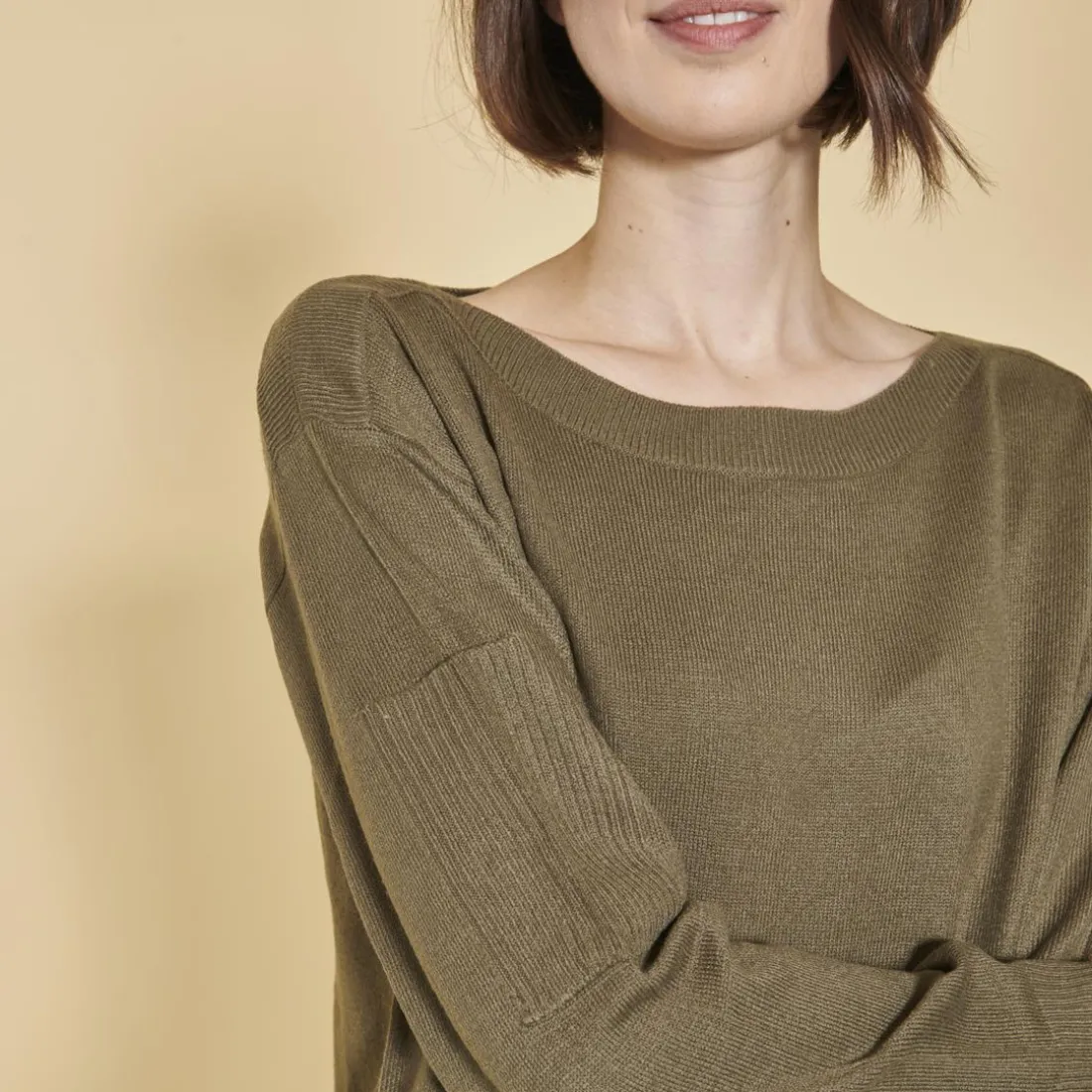 Pull col bateau manches longues cordon de serrage sur bas femme - Kaki