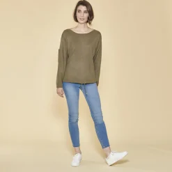 Pull col bateau manches longues cordon de serrage sur bas femme - Kaki