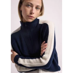 Pull col camioneur zip femme bandes manches points CAROLINE en cachemire bleu marine et blanc