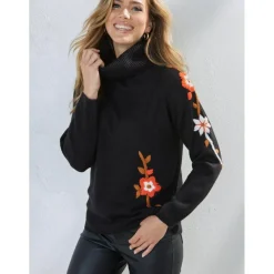 Pull col montant avec broderie florale noir