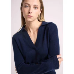 Pull col polo AURORE en cachemire bleu marine