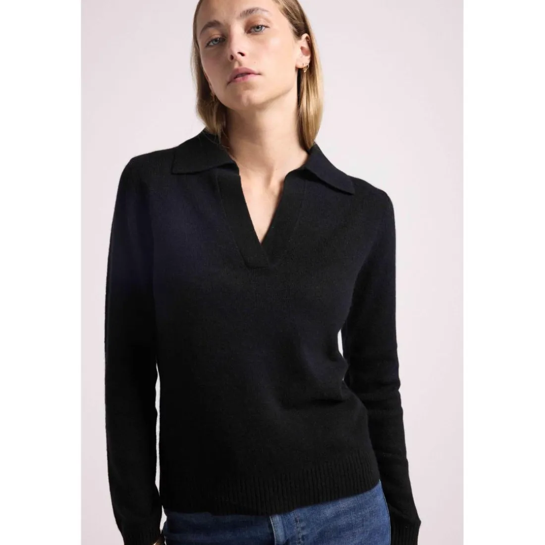 Pull col polo AURORE en cachemire noir