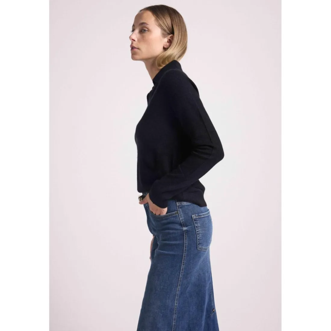 Pull col polo AURORE en cachemire noir