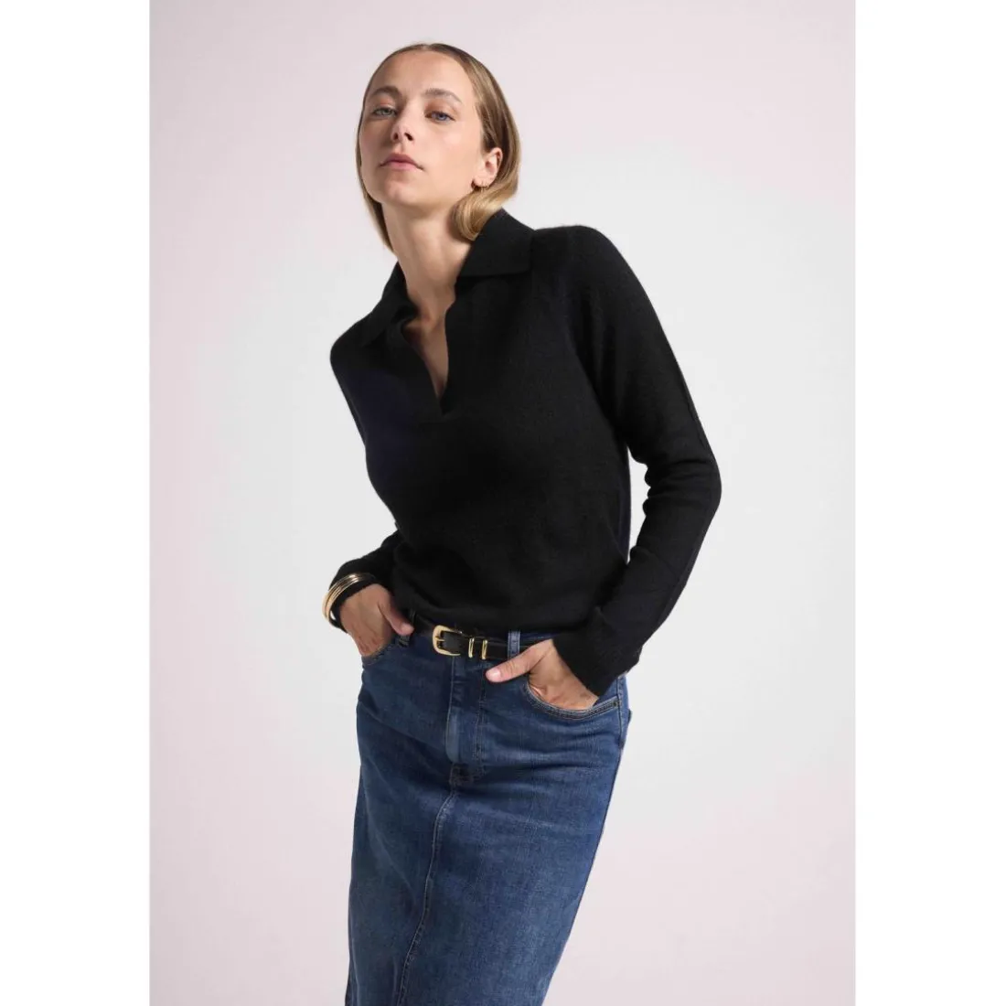 Pull col polo AURORE en cachemire noir