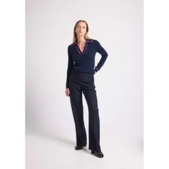 Pull col polo AURORE en cachemire bleu marine et liseret rose fluo