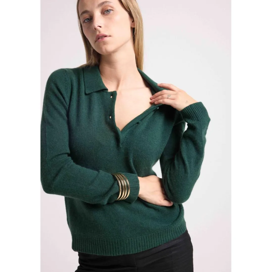 Pull col polo boutons MAXINE en cachemire vert bouteille
