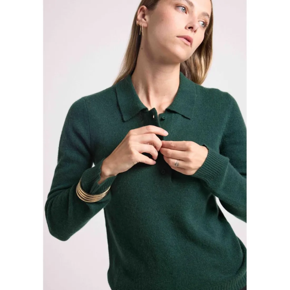 Pull col polo boutons MAXINE en cachemire vert bouteille