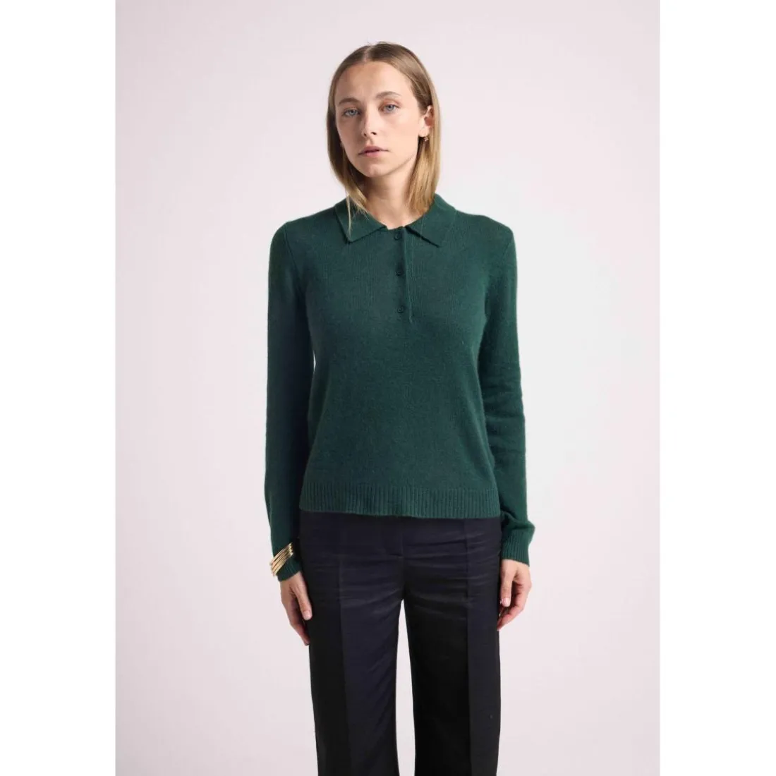 Pull col polo boutons MAXINE en cachemire vert bouteille