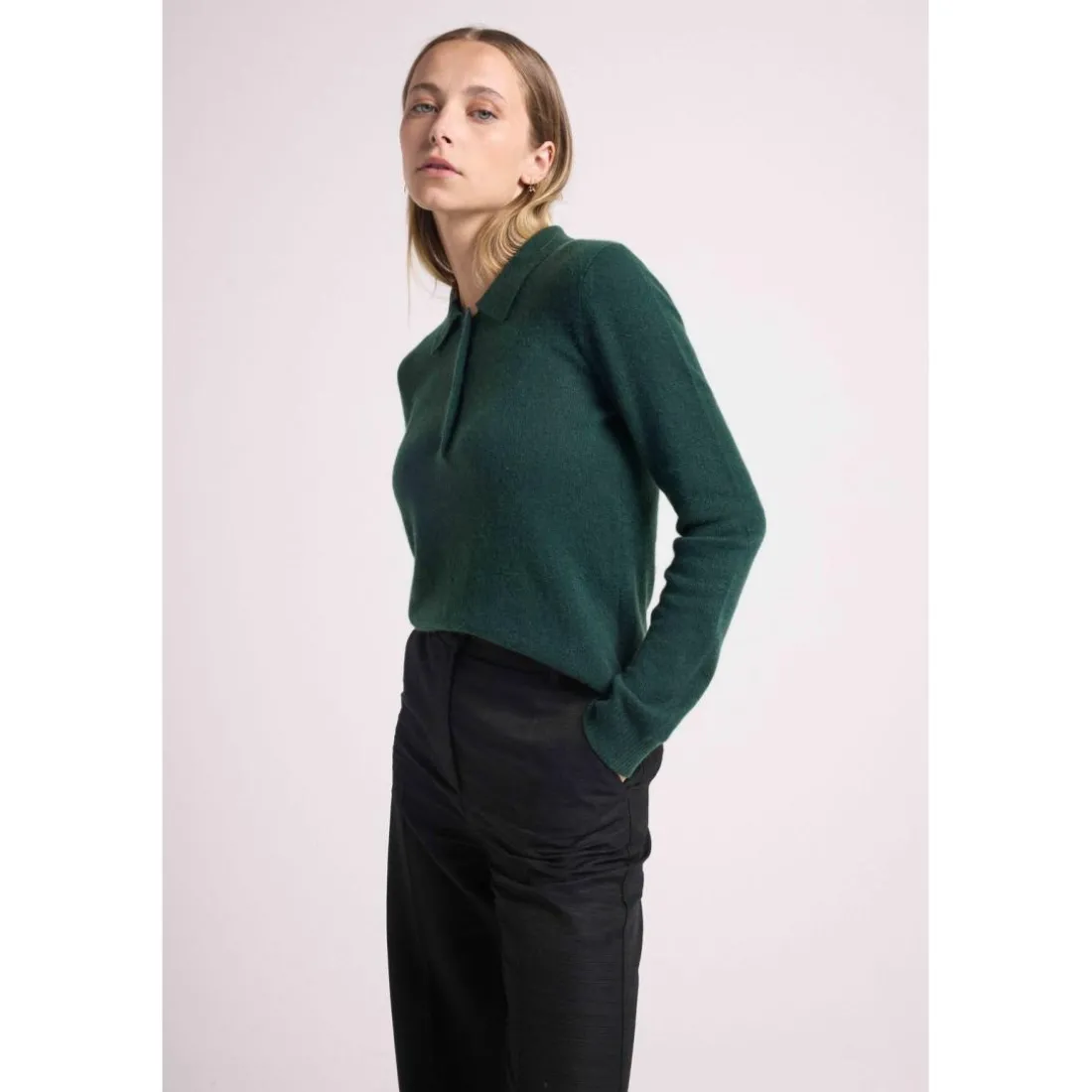 Pull col polo boutons MAXINE en cachemire vert bouteille