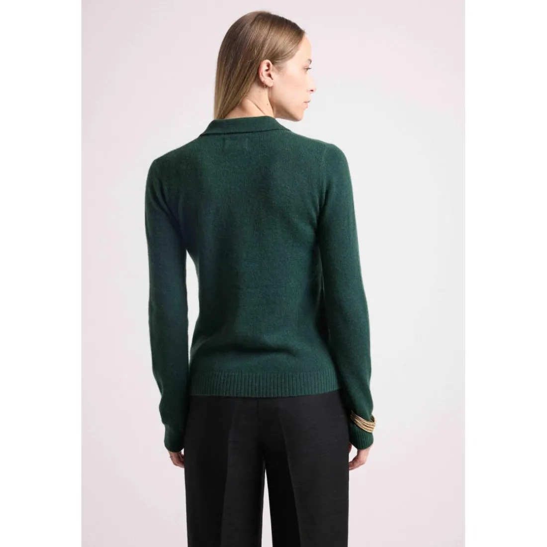 Pull col polo boutons MAXINE en cachemire vert bouteille