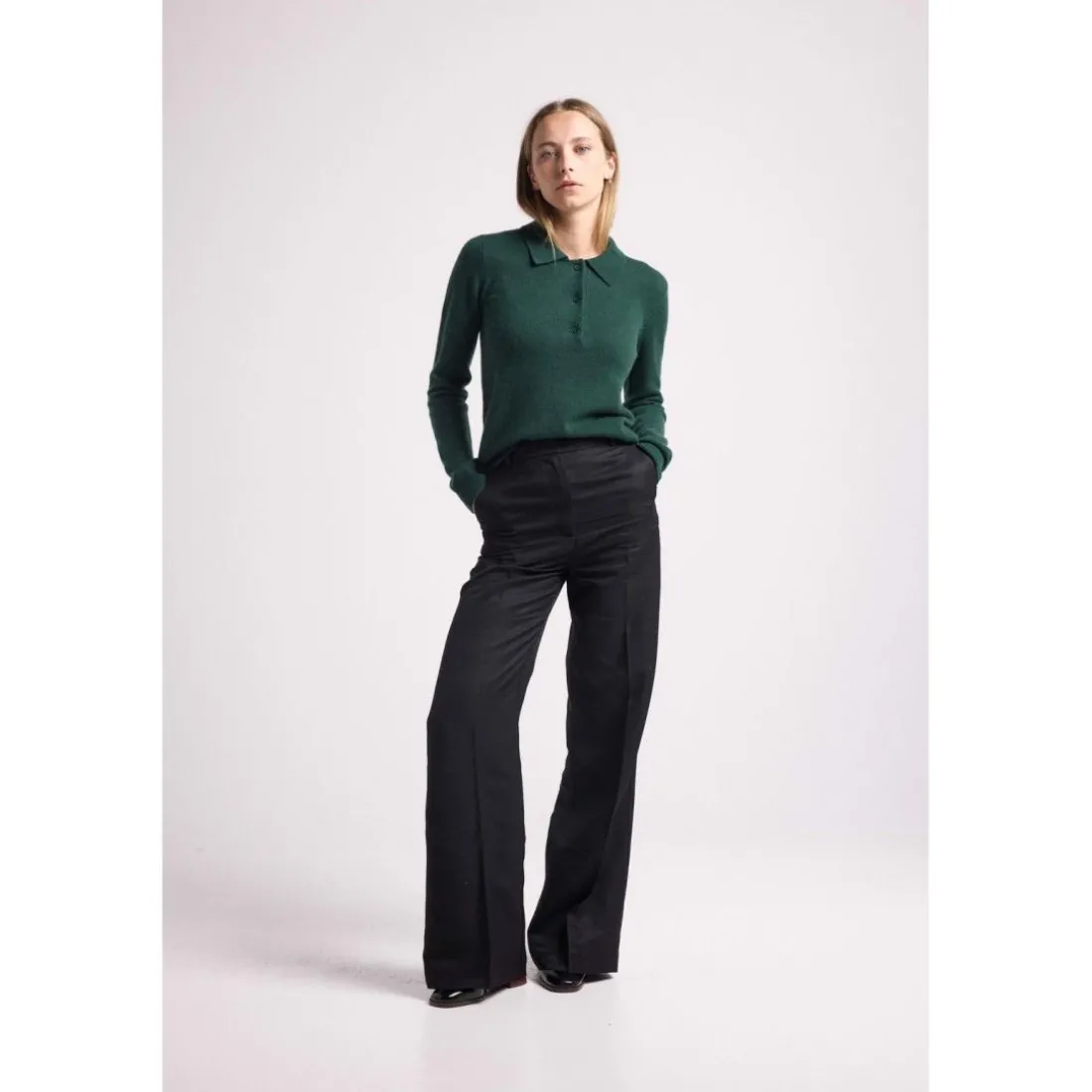 Pull col polo boutons MAXINE en cachemire vert bouteille