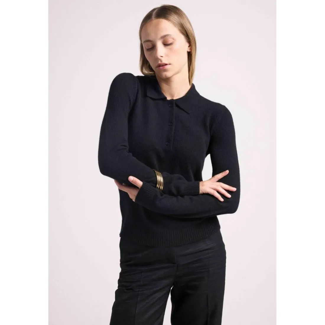 Pull col polo boutons MAXINE en cachemire noir