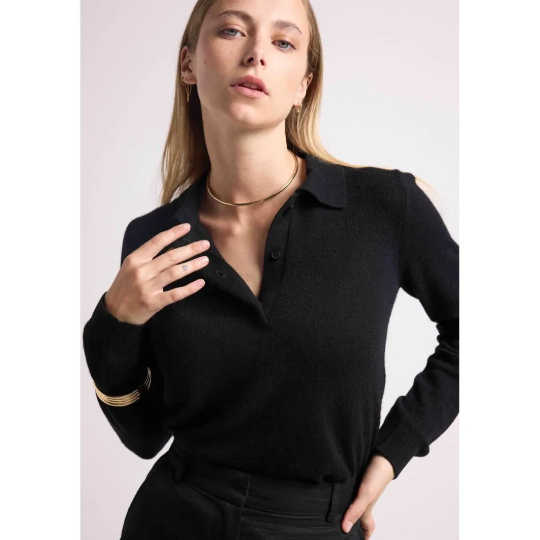 Pull col polo boutons MAXINE en cachemire noir