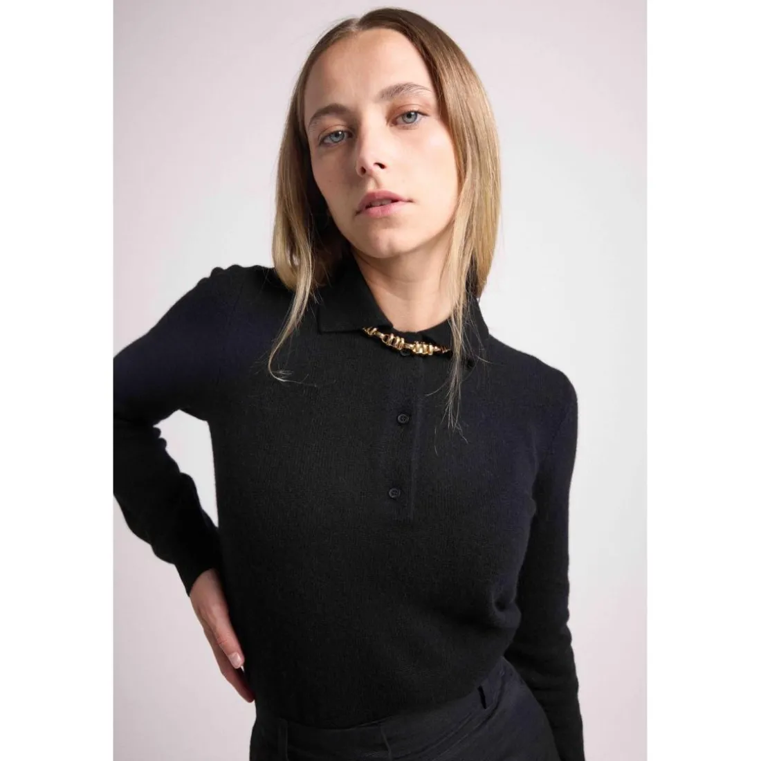 Pull col polo boutons MAXINE en cachemire noir