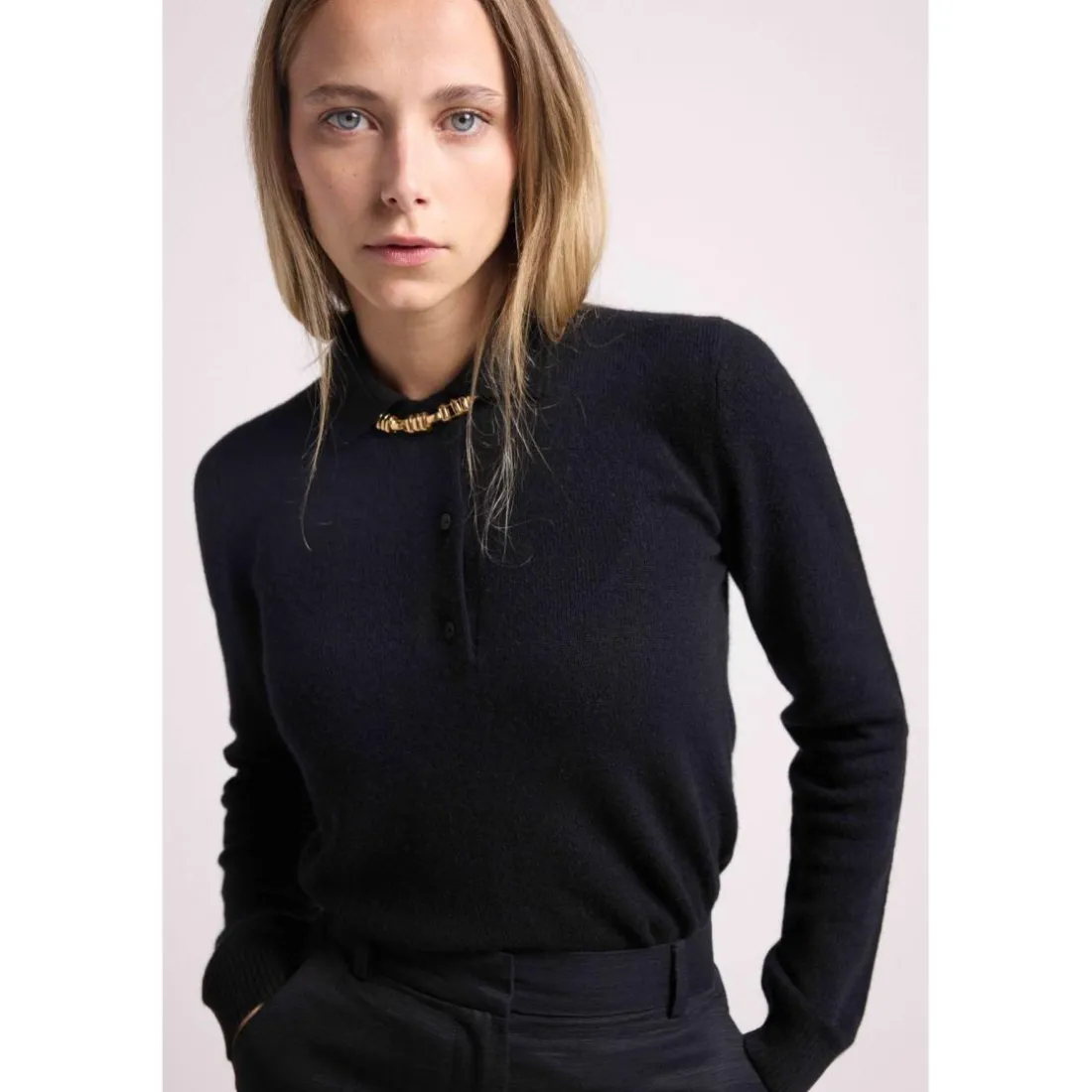 Pull col polo boutons MAXINE en cachemire noir
