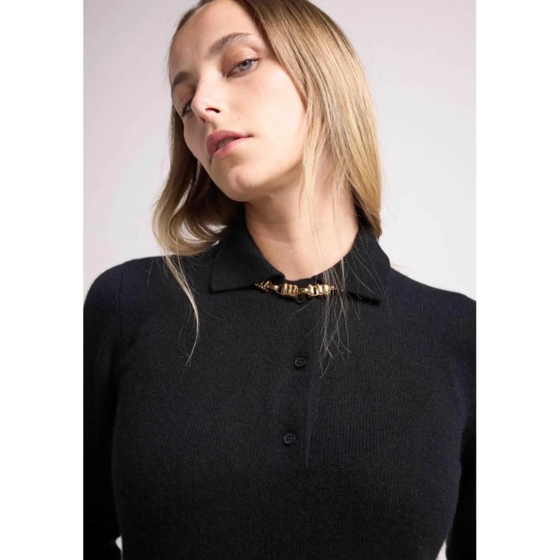 Pull col polo boutons MAXINE en cachemire noir