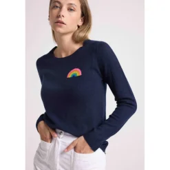 Pull col rond arc en ciel EMMA en cachemire bleu marine