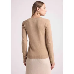 Pull col rond cactus KYLIANE en cachemire new beige creme et cactus vert