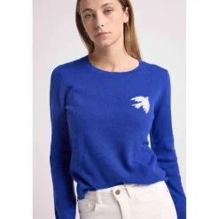 Pull col rond colombe PAULINE en cachemire bleu roi et oiseau blanc