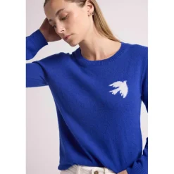 Pull col rond colombe PAULINE en cachemire bleu roi et oiseau blanc
