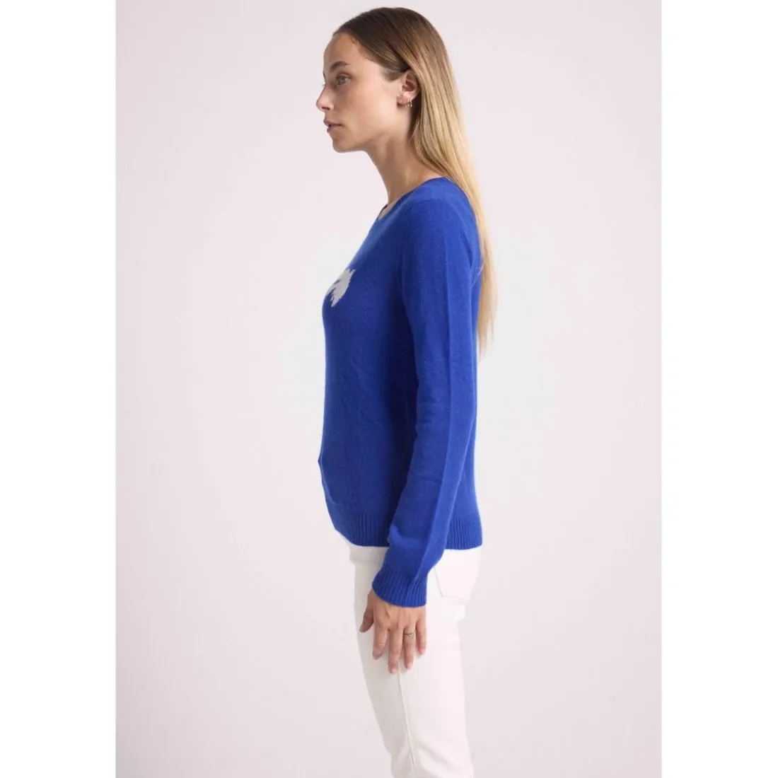 Pull col rond colombe PAULINE en cachemire bleu roi et oiseau blanc