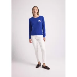Pull col rond colombe PAULINE en cachemire bleu roi et oiseau blanc