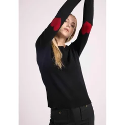Pull col rond coudes cœurs femme ZAIME en cachemire noir et coeurs rouge