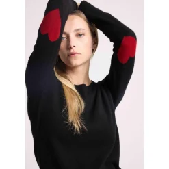 Pull col rond coudes cœurs femme ZAIME en cachemire noir et coeurs rouge