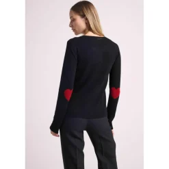 Pull col rond coudes cœurs femme ZAIME en cachemire noir et coeurs rouge