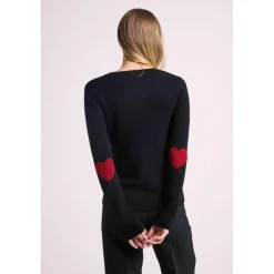 Pull col rond coudes cœurs femme ZAIME en cachemire noir et coeurs rouge