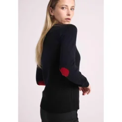 Pull col rond coudes cœurs femme ZAIME en cachemire noir et coeurs rouge