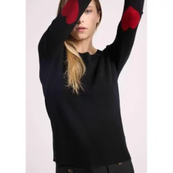 Pull col rond coudes cœurs femme ZAIME en cachemire noir et coeurs rouge